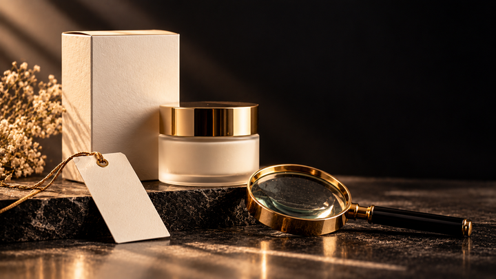 Embalagem de cosmético e etiqueta em branco com uma lupa ao lado, sobre superfície escura.