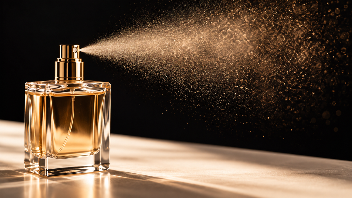 Frasco de perfume sem marca a libertar uma névoa dourada sobre fundo preto e marfim.
