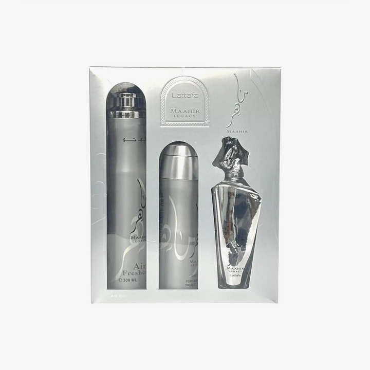 Lattafa Maahir Legacy Conjunto EDP 100ml + Ambientador 300ml + Spray 200ml