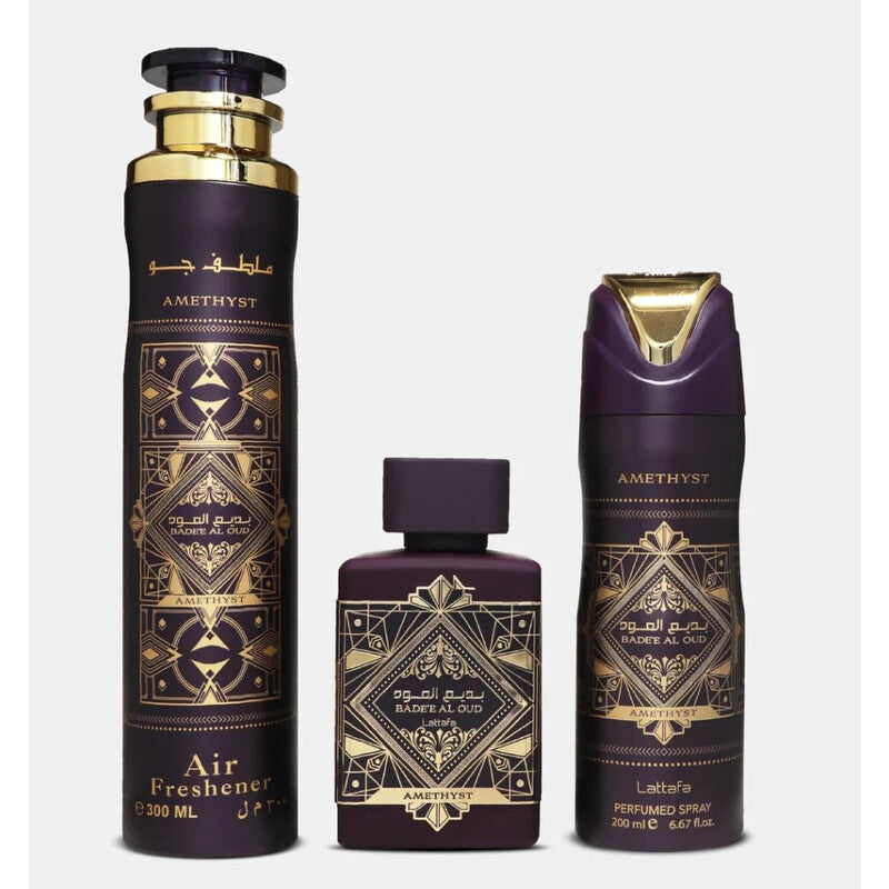 Lattafa Badee Al Oud Amethyst Conjunto EDP 100ml + Desodorizante + Ambiente